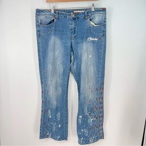 Akademiks Y2K Funky Embroidered Straight Leg Hip Hop Bleach Stain Jeans